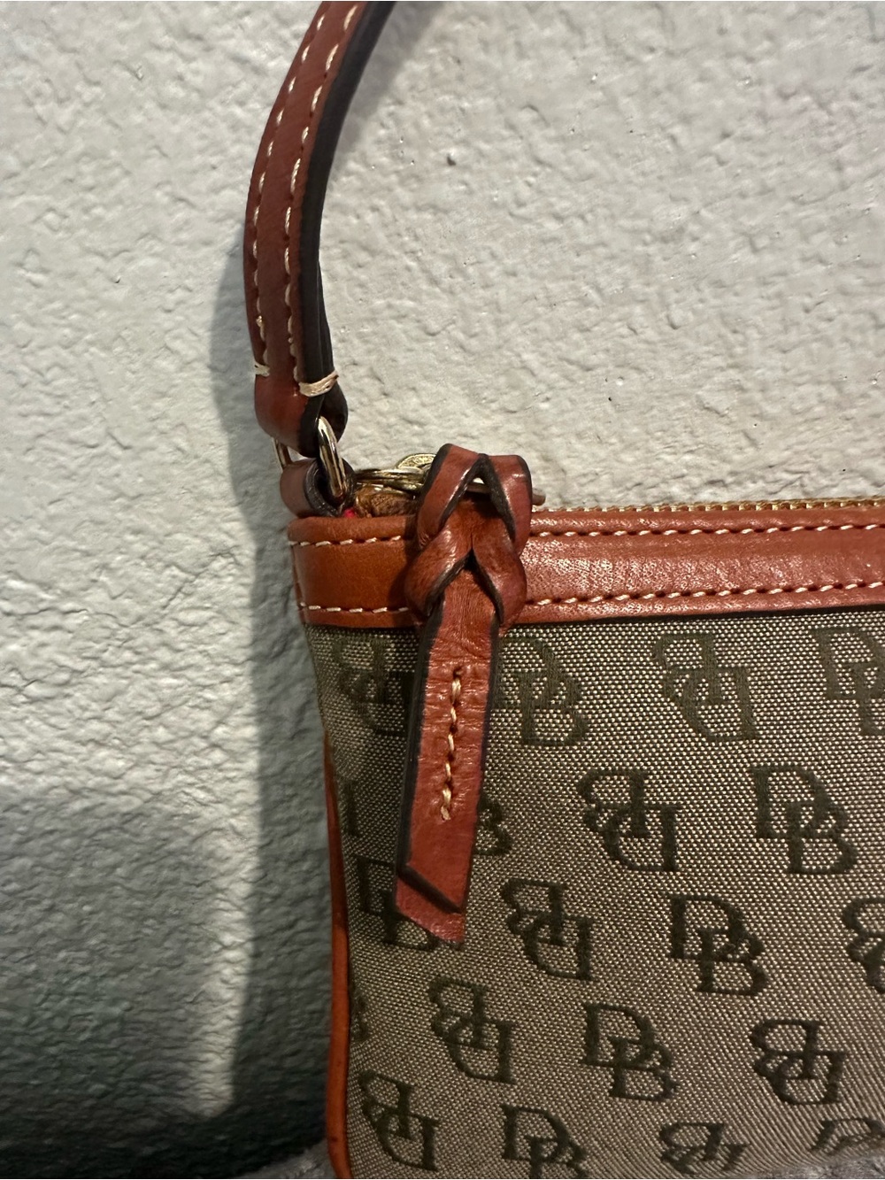 Dooney & Bourke Olive Logo Canvas Wristlet with Brown Leather Trim - Picture 3 of 11